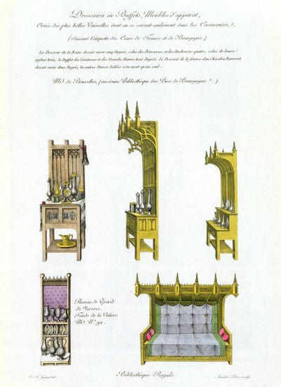 Fifteenth century French and Burgundian furniture, from Monuments Francais, lithograph by Amedee Peree, 1839 by E.F. Imbard